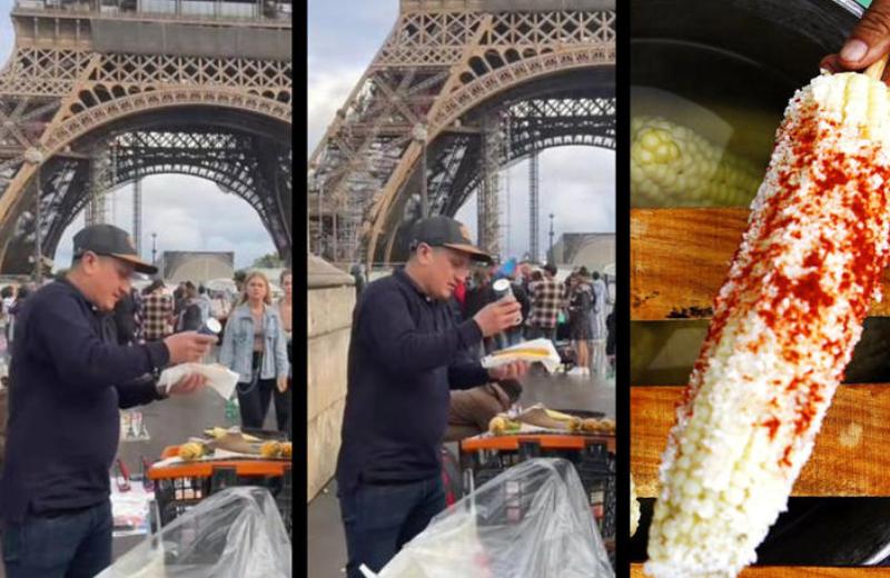 ¡Delicia mexicana! Captan a hombre vendiendo elotes frente a la Torre Eiffel